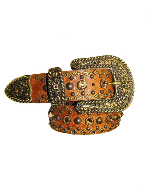 Leatherock leather wide belt distressed brown with studs & rhinestones Sz M. LR LeatheRock Belt Womens 36 main image 2
